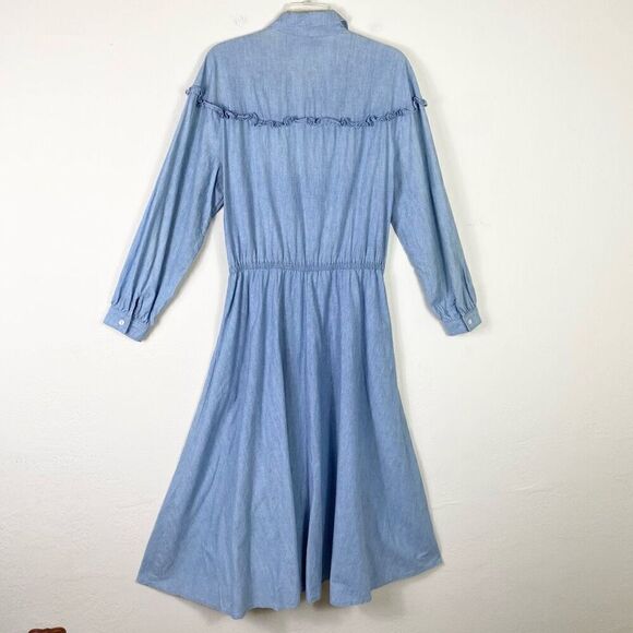 Vintage Liz Claiborne Light Wash Denim Ruffle Trim Long Sleeve A Line Dress 14 - Picture 2 of 7